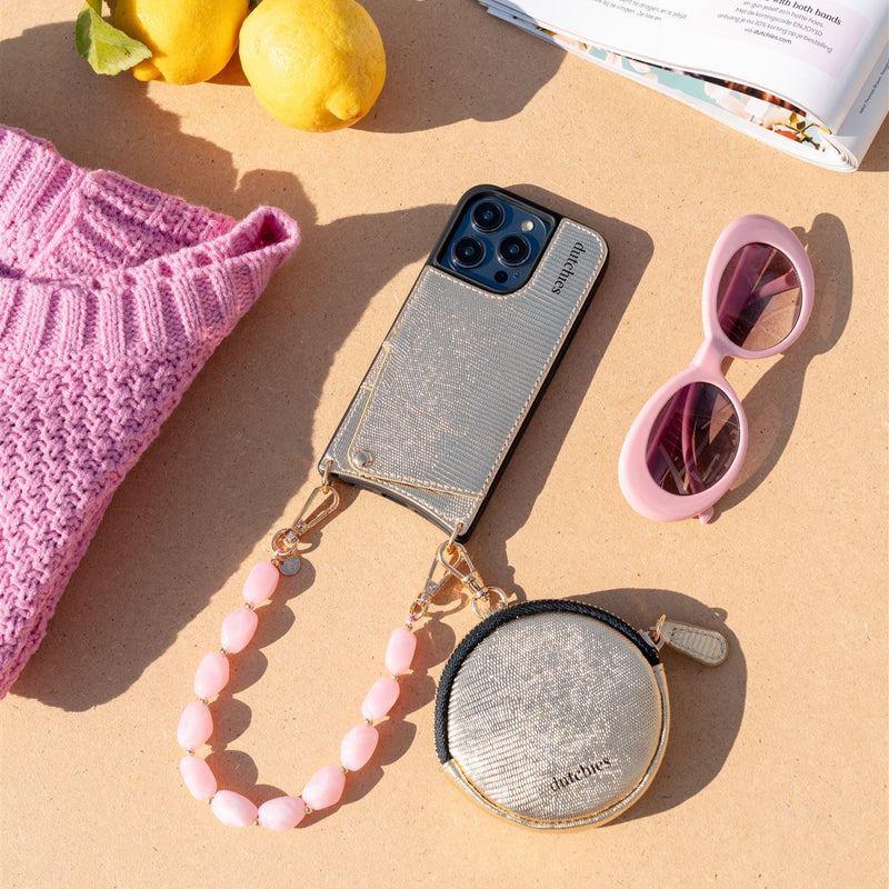 Phone Charm | Beaded | Beatrice alongside stylish sunglasses and soft pink sweater on a sunny day.