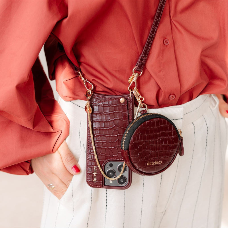Mini Phone Bag Emma | Burgundy attached to a phone case with cardholder and strap, perfect for stylish on-the-go storage.