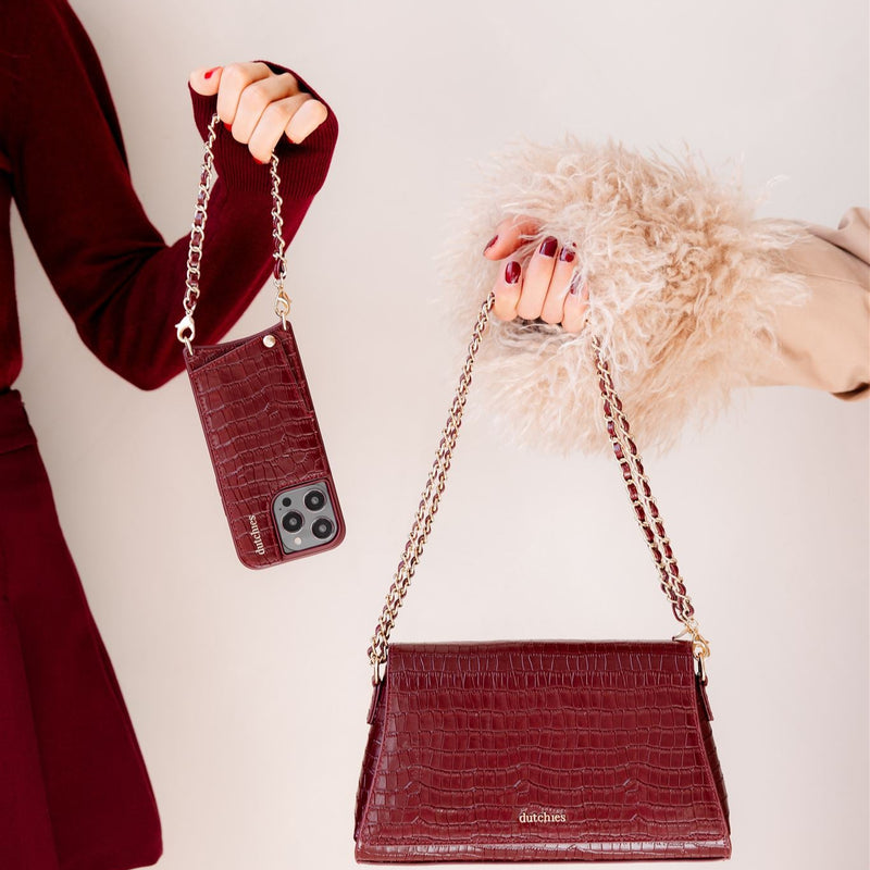 Stylish iPhone Case | Burgundy with cardholder, paired with a matching handbag and phone strap.