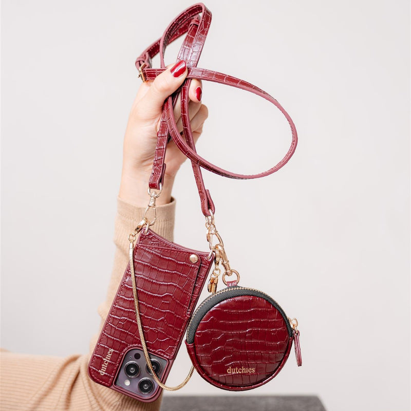 Mini Phone Bag Emma | Burgundy elegantly displayed with a phone strap and cardholder, perfect for stylish on-the-go storage.