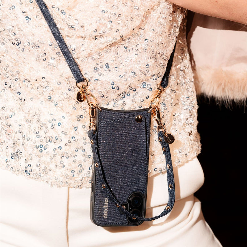 Deluxe set | iPhone | Denim Glitter phone case with stylish strap, showcasing denim glitter texture and chic hardware.