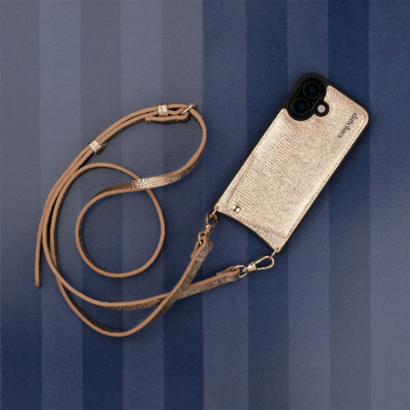 Classic Set | Samsung | Goldy stylish phone case with slimline strap on a striped background.