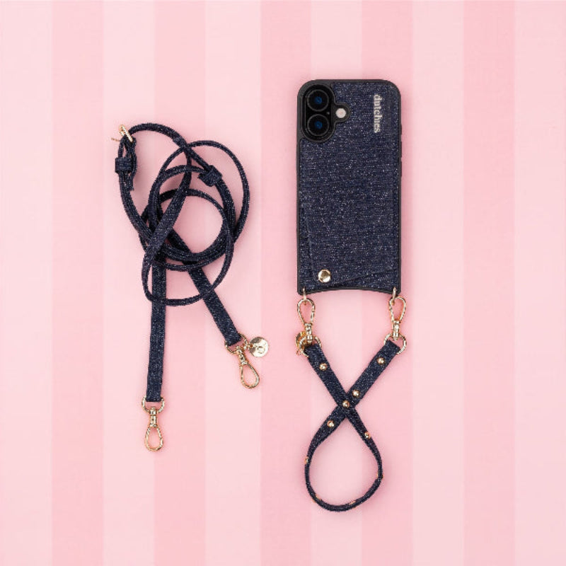 Deluxe set | iPhone | Denim Glitter: Stylish phone case with denim glitter and matching strap for easy carrying.