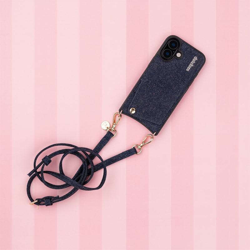 Classic set | iPhone | Denim Glitter phone case with stylish phone strap for a trendy look.