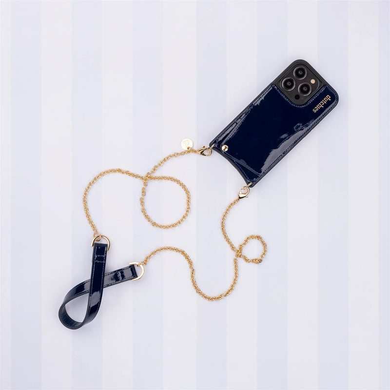 Spanish chain set | iPhone | Navy - stylish phone case with golden chain strap for handsfree convenience.