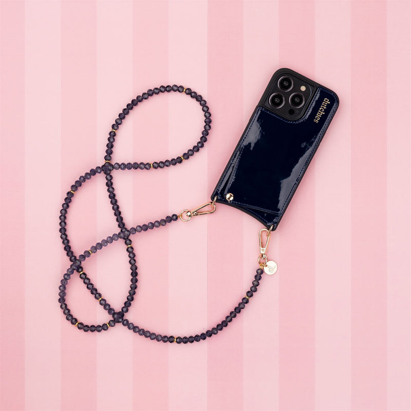 Phone Chain | Beaded | Grace featuring blue glass pearls, navy beaded design, and a stylish phone case for hands-free convenience.