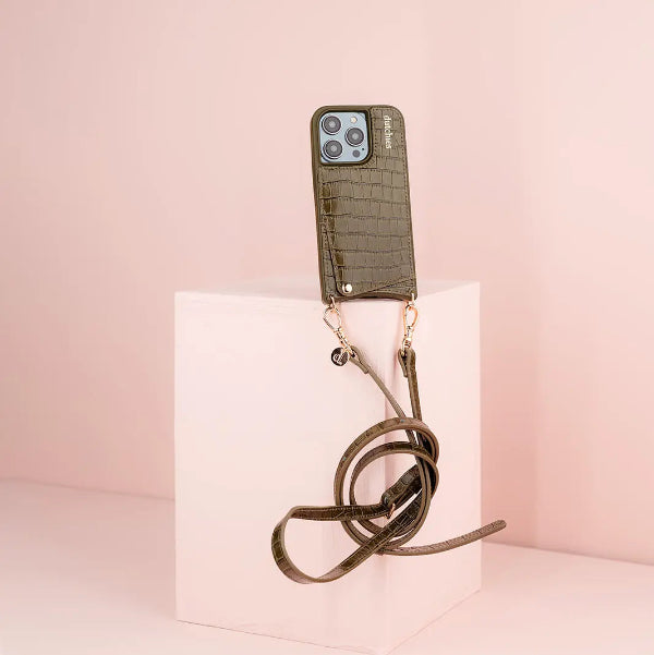 Classic set | iPhone | Olive Green - Stylish phone case with slimline strap on display.
