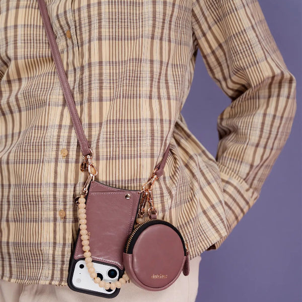 Phone strap | Slimline | Mauve fashionable accessory with phone case and wallet on a stylish outfit.