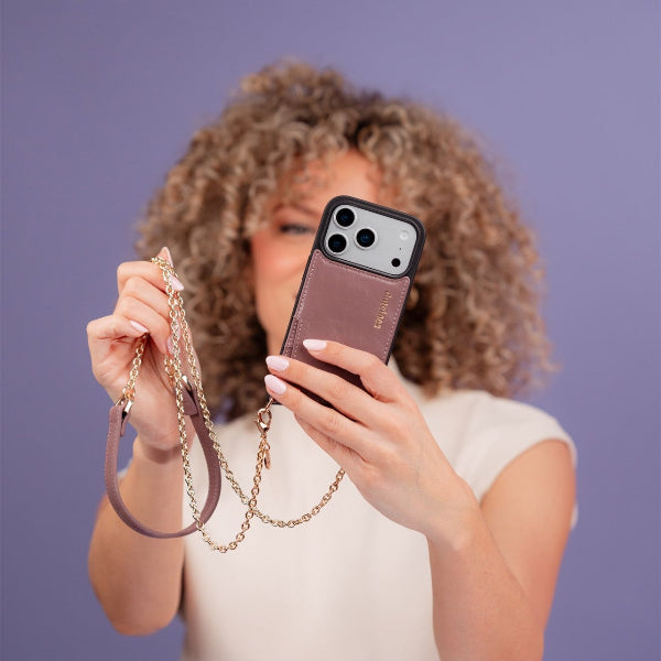 Spanish Chain Set | iPhone | Mauve - Stylish handsfree phone chain with mauve iPhone case and card holder.
