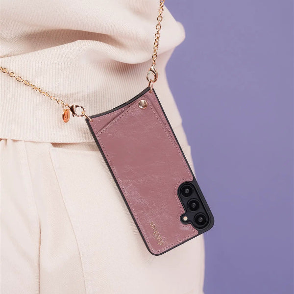 Spanish Chain Set | Samsung | Mauve hanging stylishly with a gold chain, showcasing the mauve phone case and card holder.