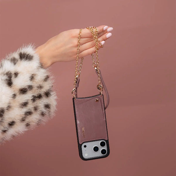 Spanish Chain Set | iPhone | Mauve hanging from a stylish hand, showcasing fashion and convenience.