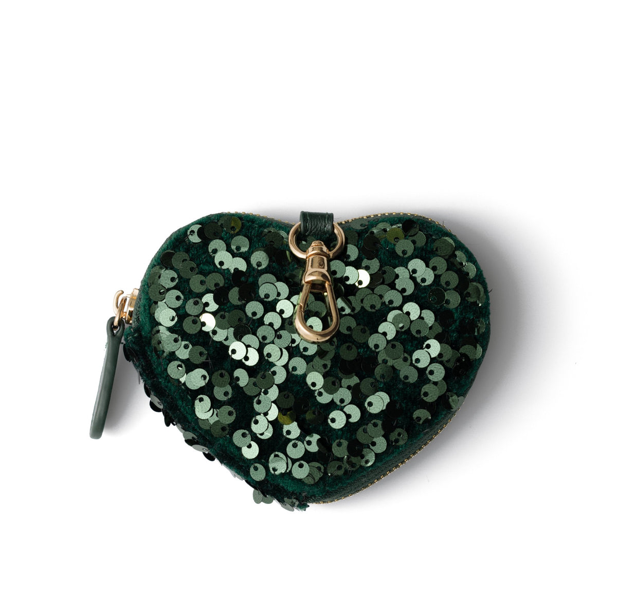 Mini Phone Bag Sarah | Forest Green Sequin heart-shaped pouch with shimmering sequins for stylish storage.