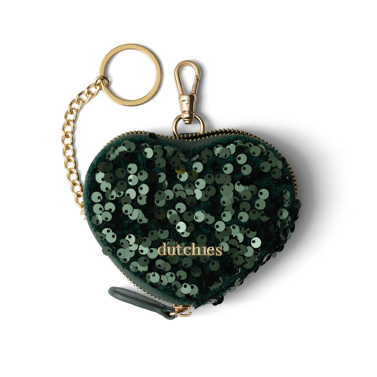 Mini Phone Bag Sarah | Forest Green Sequin heart-shaped pouch with gold chain and sparkly sequins.