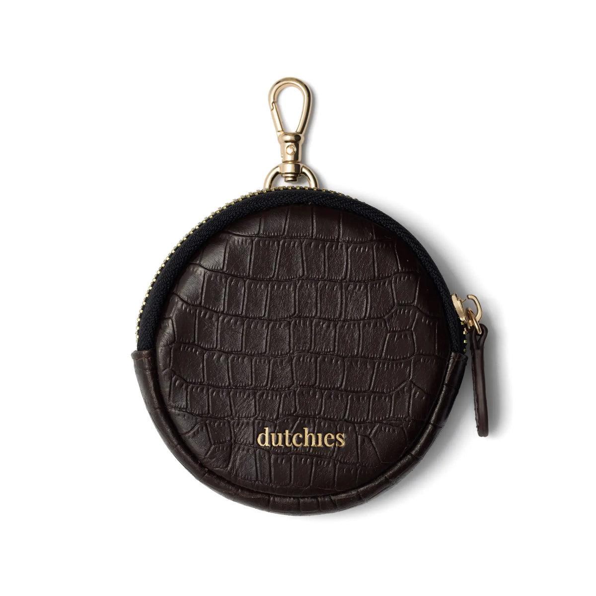 Mini Phone Bag Emma | Chocolate Brown round leather pouch with zipper and clip, perfect for on-the-go essentials.