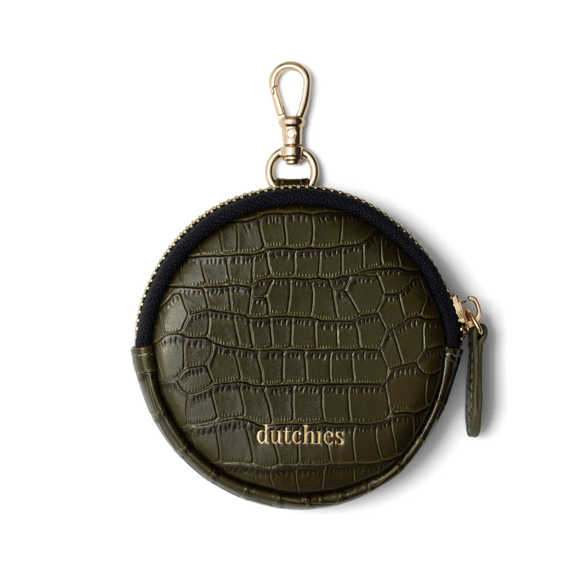 Mini Phone Bag Emma | Olive Green round leather pouch with gold clip and zipper.