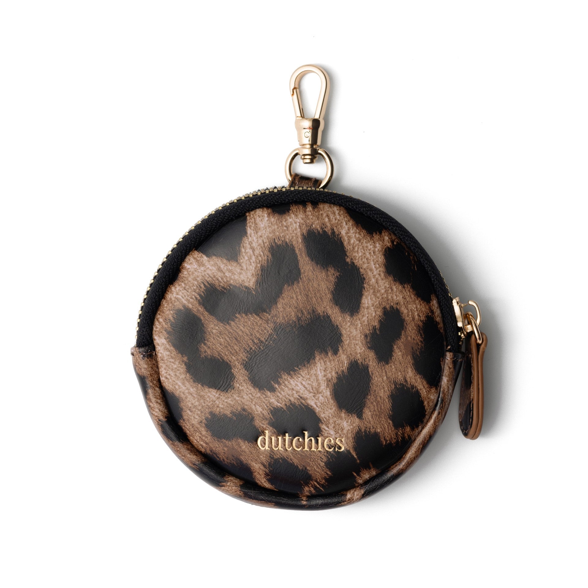 Mini Phone Bag Emma | Leopard - round pouch in genuine leather with leopard print and clip for easy attachment.