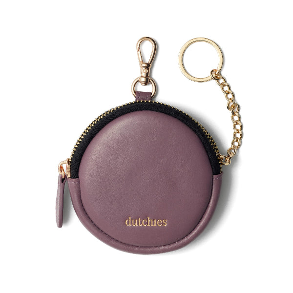 Mini Phone Bag Emma | Mauve, round leather pouch with gold zipper and clip for easy attachment.