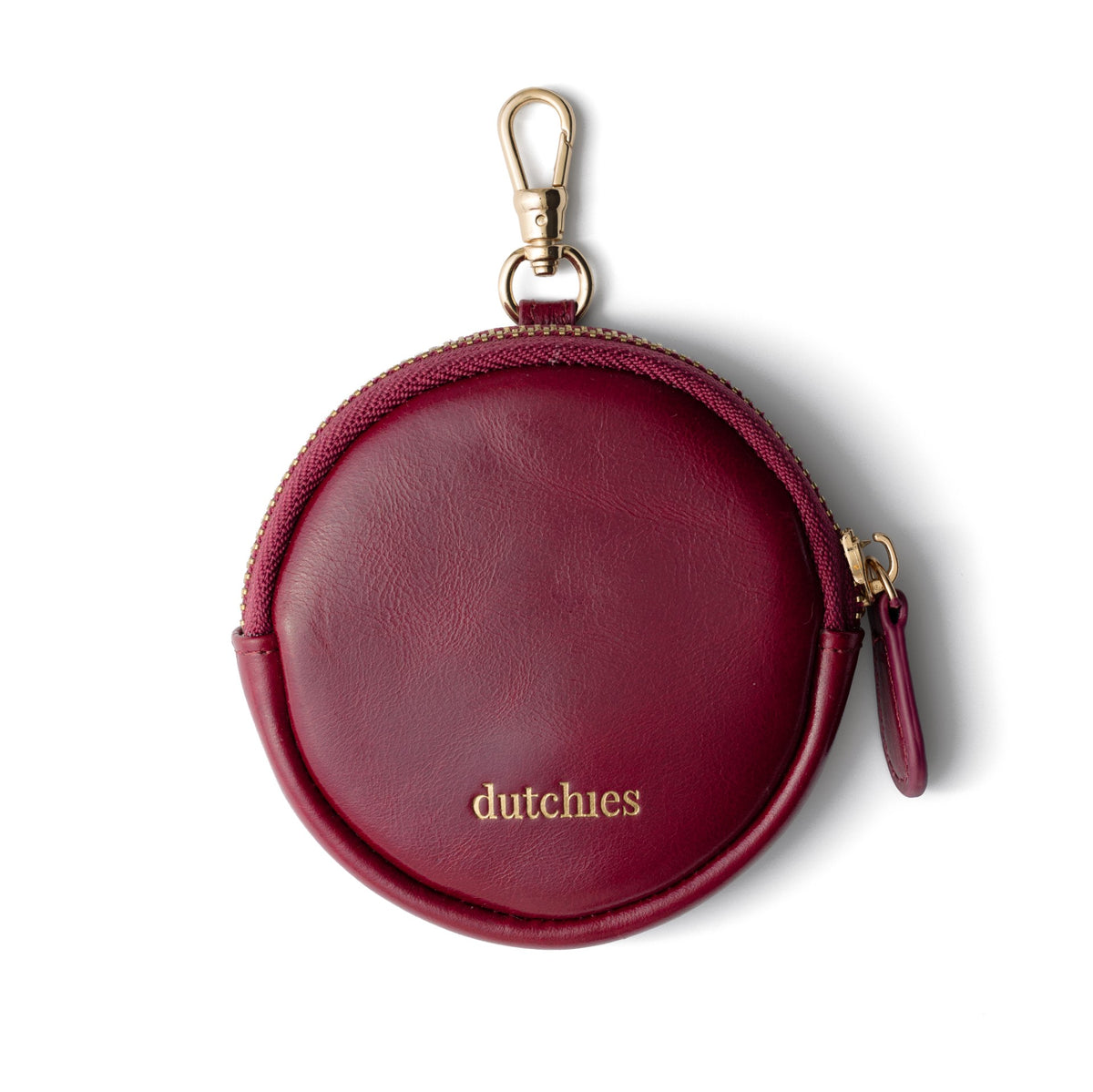 Mini Phone Bag Emma | Raspberry Red round pouch featuring a gold clip and elegant leather design.