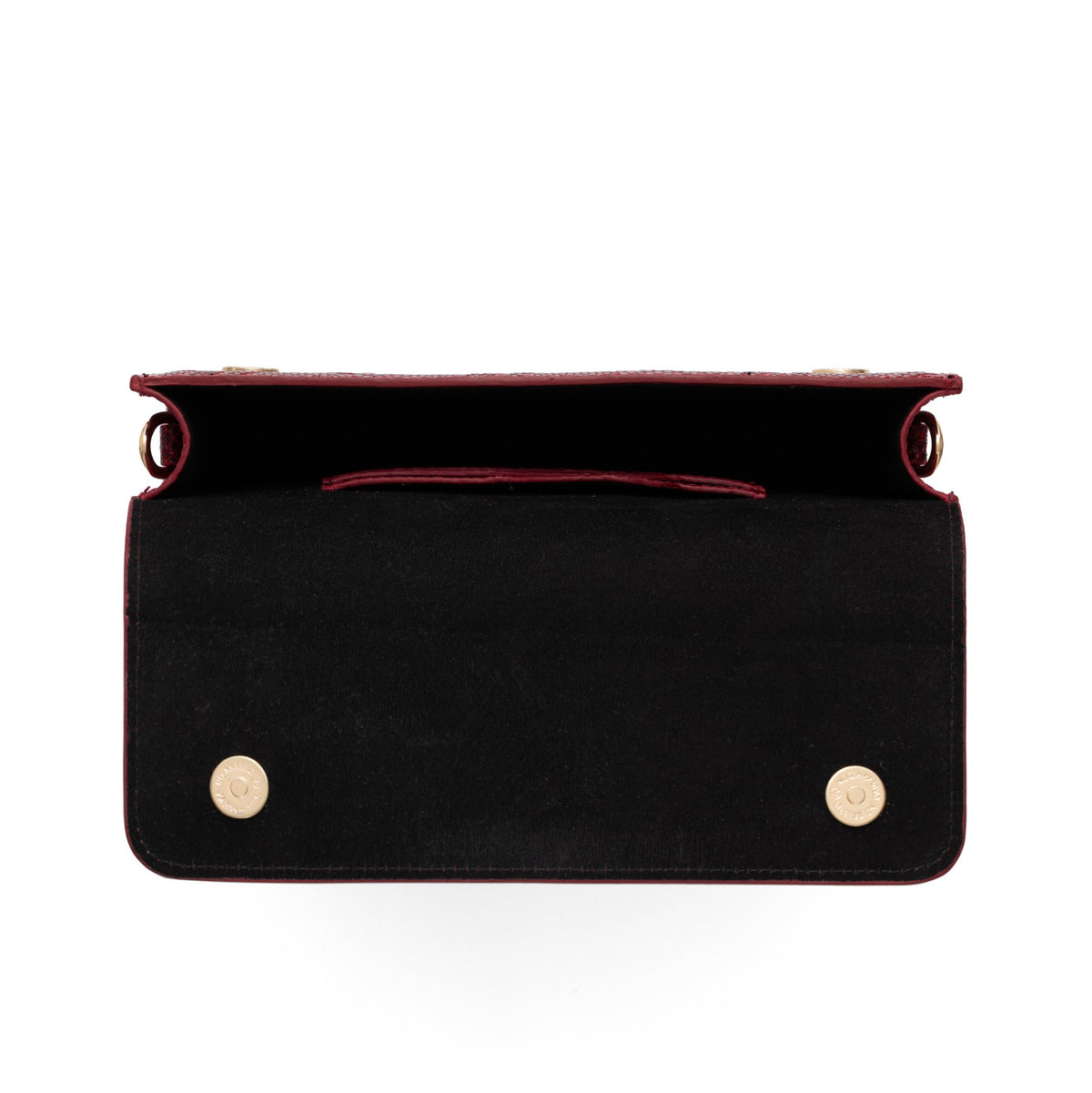 Belt Bag Set | Alei | Snake Red - Open view showing chic interior with black lining and gold snap closure.
