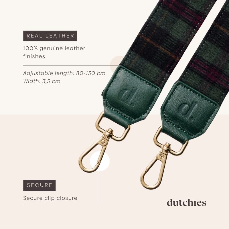 Phone Strap | Flannel | Forest Green Tartan showcasing genuine leather finishes and secure clip closure.
