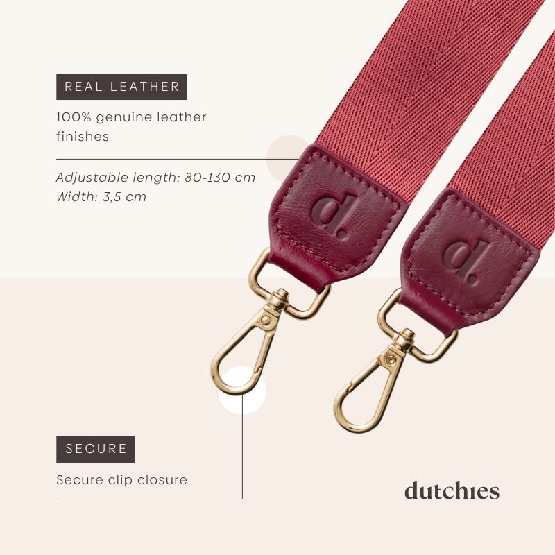 Phone Strap | Basic | Raspberry Red close-up showcasing real leather and secure clip closures.