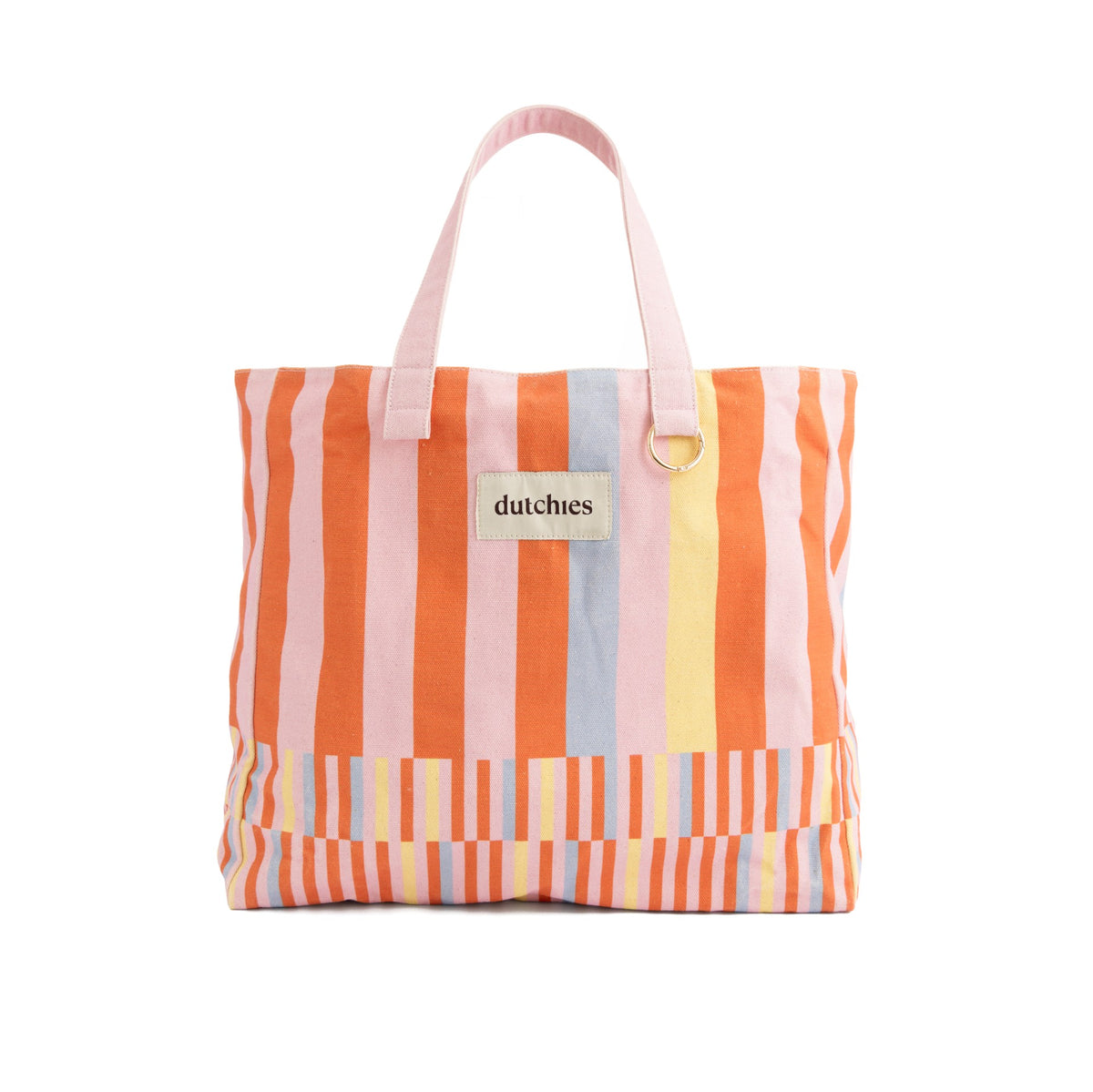 Colorful Dutchies cotton beach bag with handles and golden keyring.