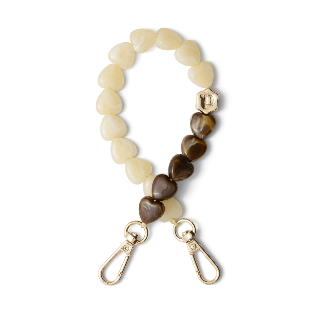 Phone Charm | Beaded | Amora - Beaded phone charm with hearts in brown and beige color, showcasing elegance.