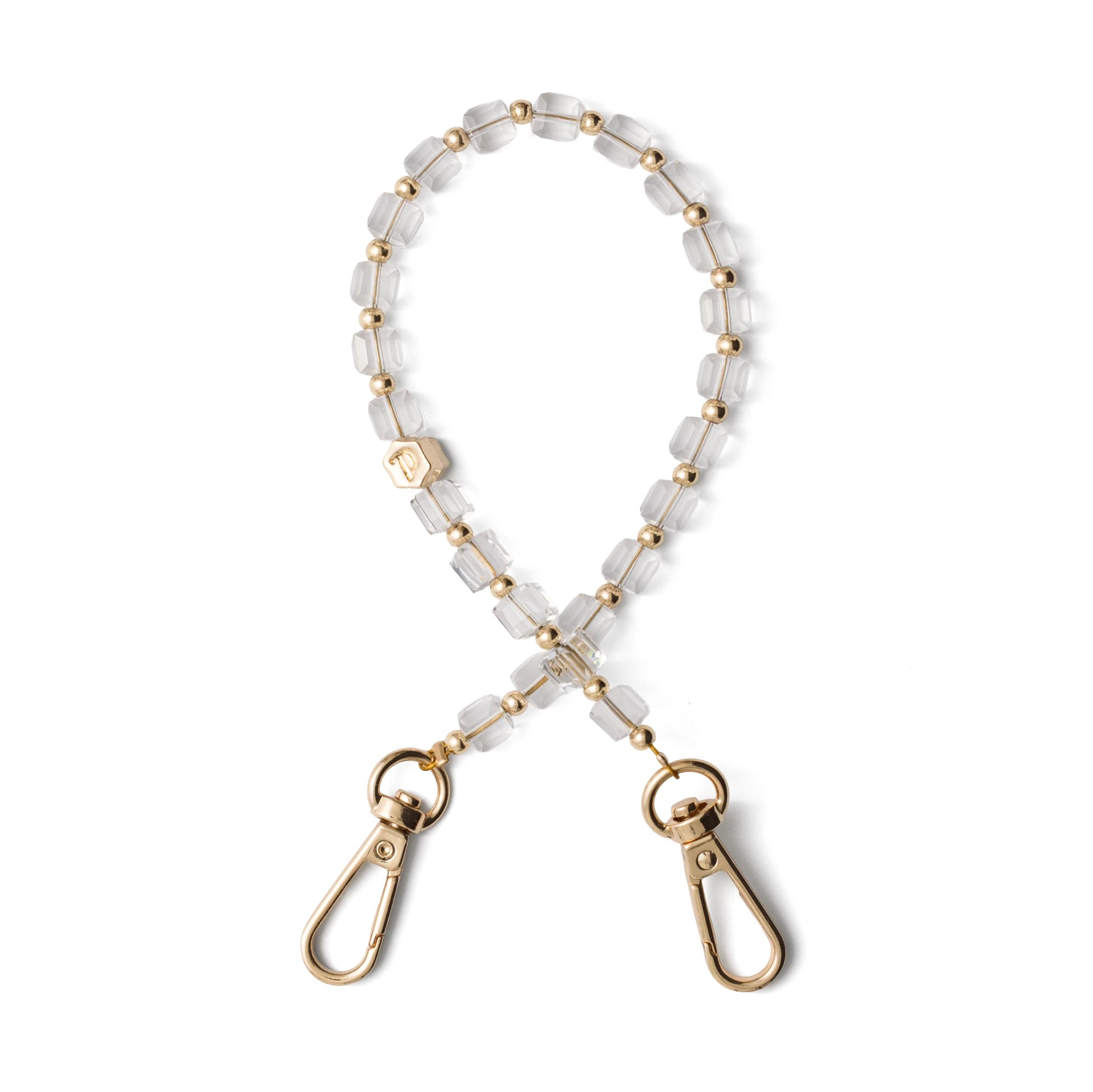 Phone Charm | Beaded | Mae, stylish transparent phone wristlet with glass beads and gold clasps.