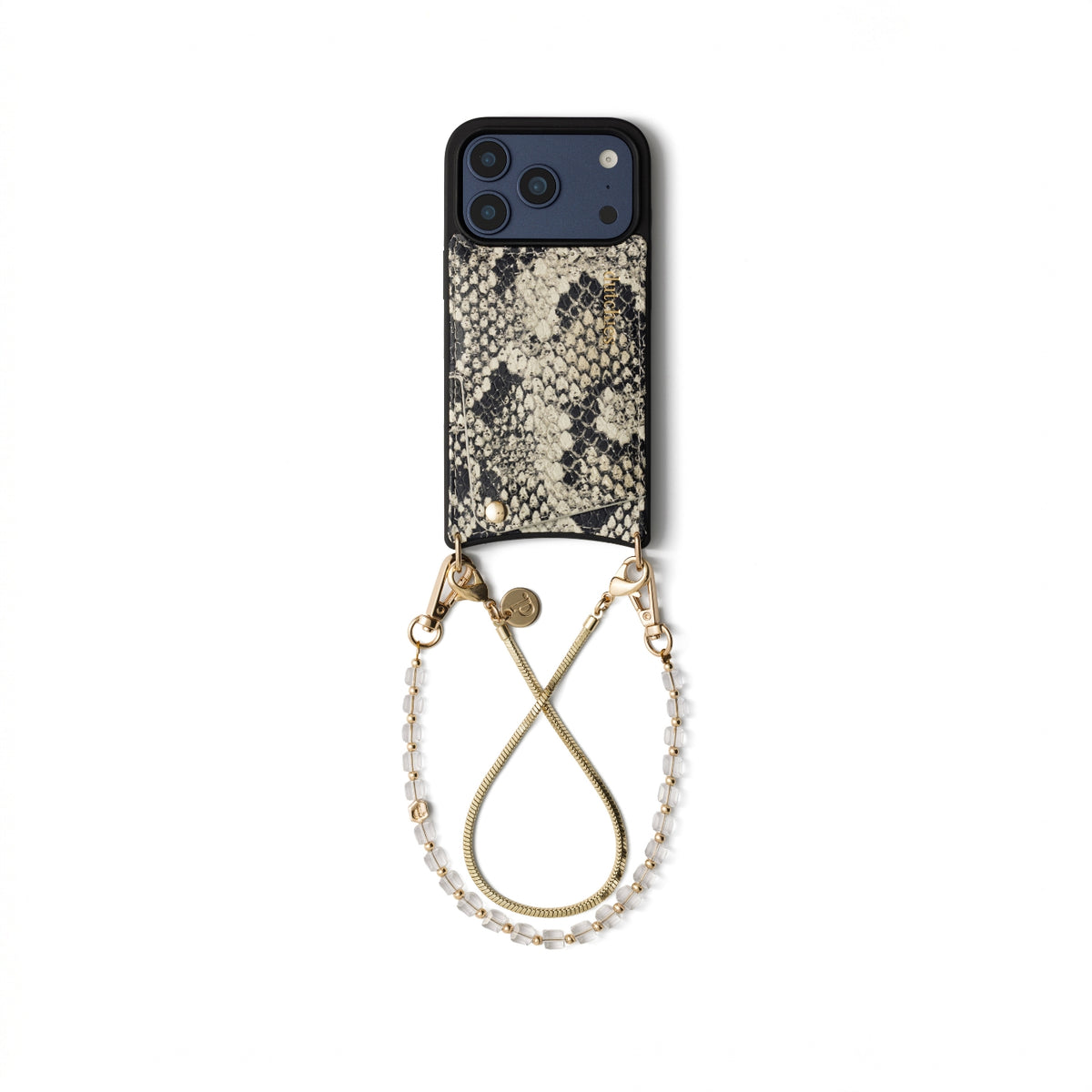 A phone case with a black and beige snakeskin pattern, featuring a gold-tone metal ring and a beaded wrist strap, shown on a plain white background.