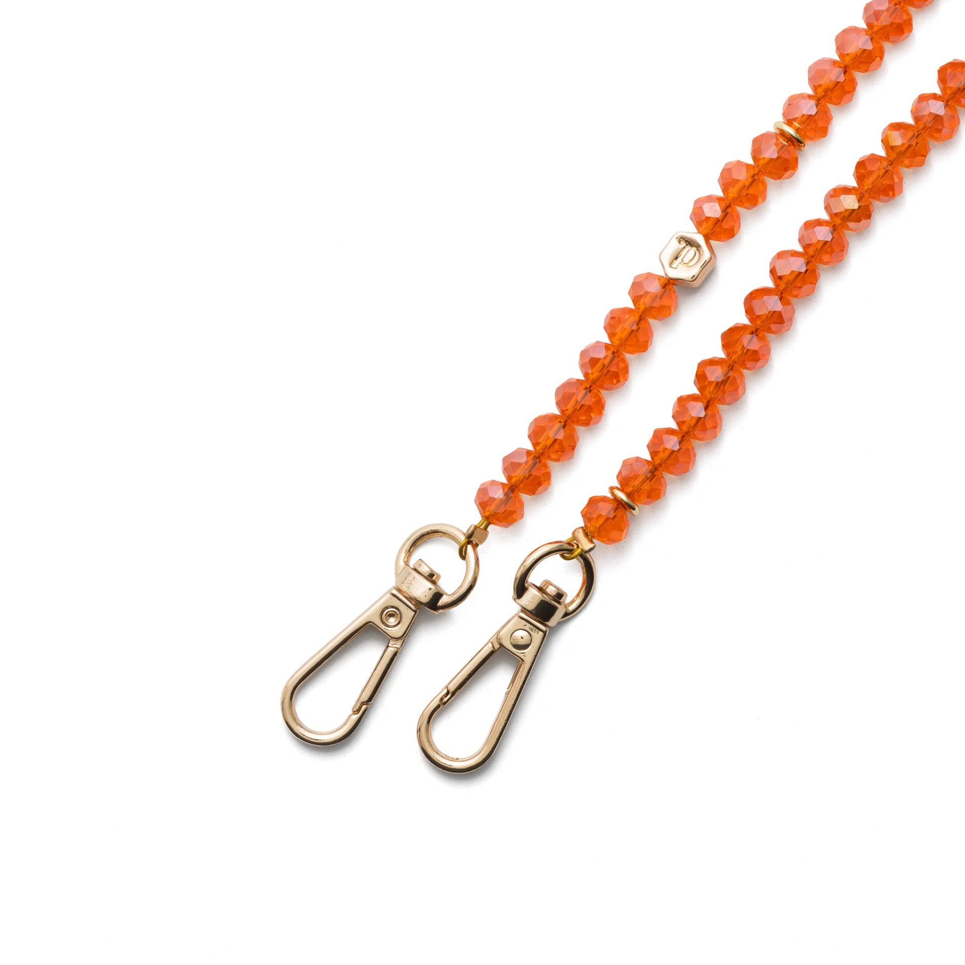 Phone Charm | Beaded | Vivianne, vibrant orange phone charm strap featuring gold clasps and sparkling beads.