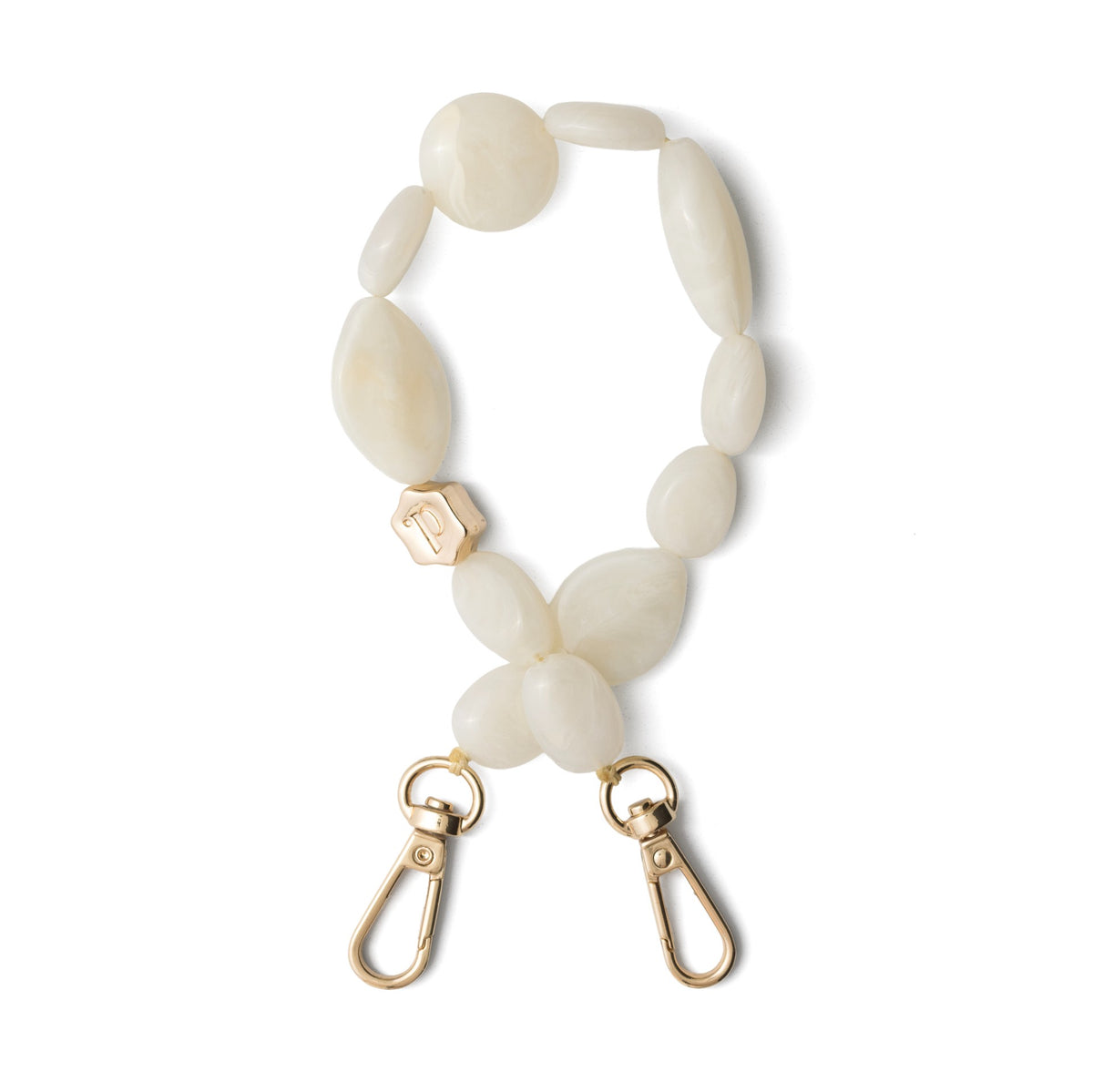 Phone Charm | Beaded | Sally - elegant white phone charm strap with gold clasps, perfect for stylish convenience.