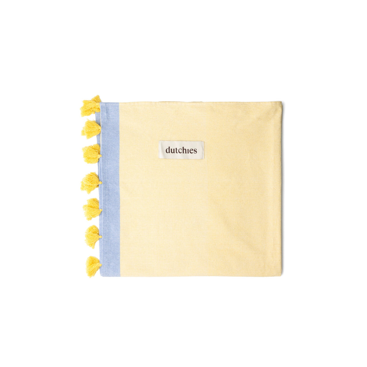 Hamam towels in yellow with blue trim and tassels, perfect for your beach bag this summer!