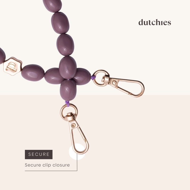 Phone Charm | Beaded | Eileen with secure clip closure, featuring elegant mauve beads in a stylish design.