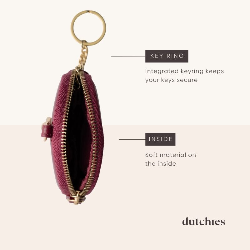 Mini Phone Bag Emma | Raspberry Red zipper pouch showcasing integrated keyring and soft interior material.
