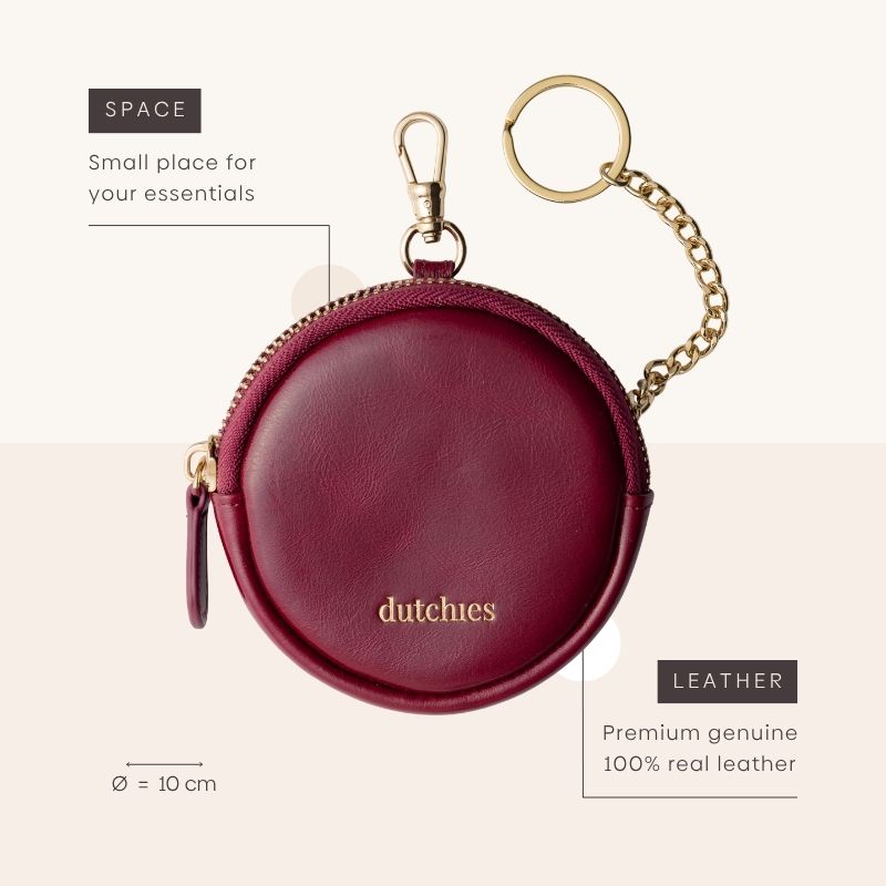 Mini Phone Bag Emma | Raspberry Red - round leather pouch for essentials with clip and chain.