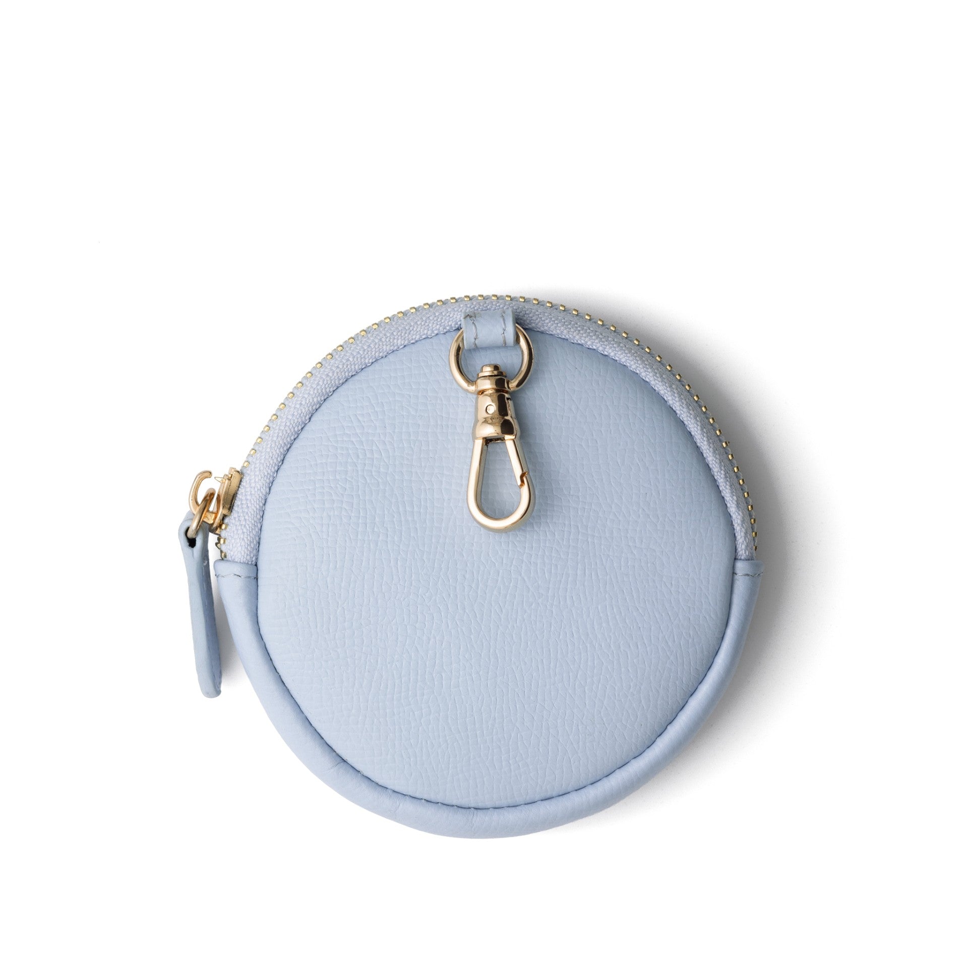 Mini Phone Bag Emma | Blue, a round blue leather pouch with a gold zipper and clip for easy attachment.