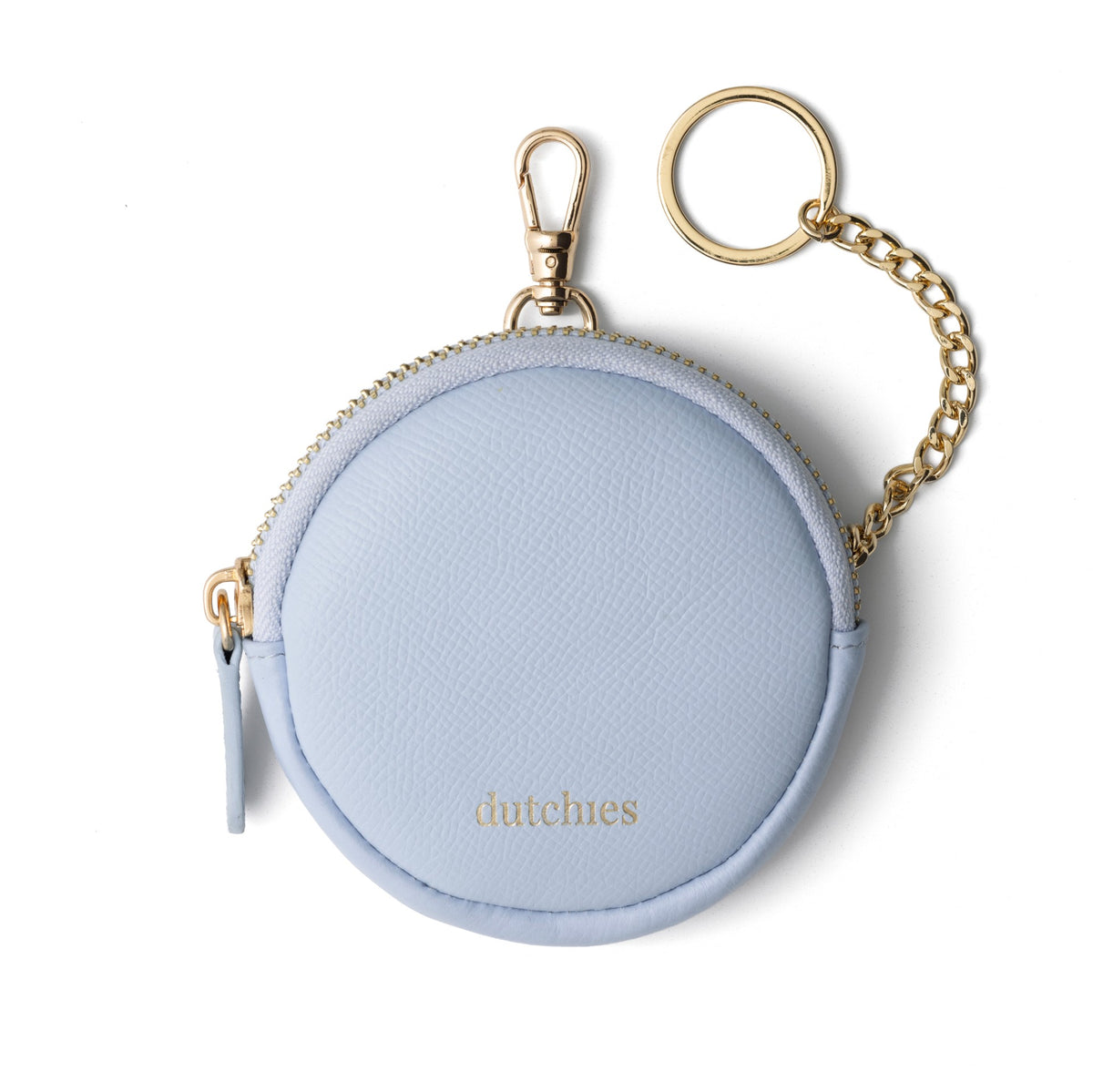 Mini Phone Bag Emma | Blue round pouch made of genuine leather with gold chain and clip.