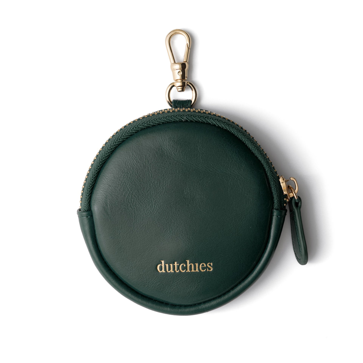 Mini Phone Bag Emma | Forest Green - round leather pouch with gold zipper and clip.