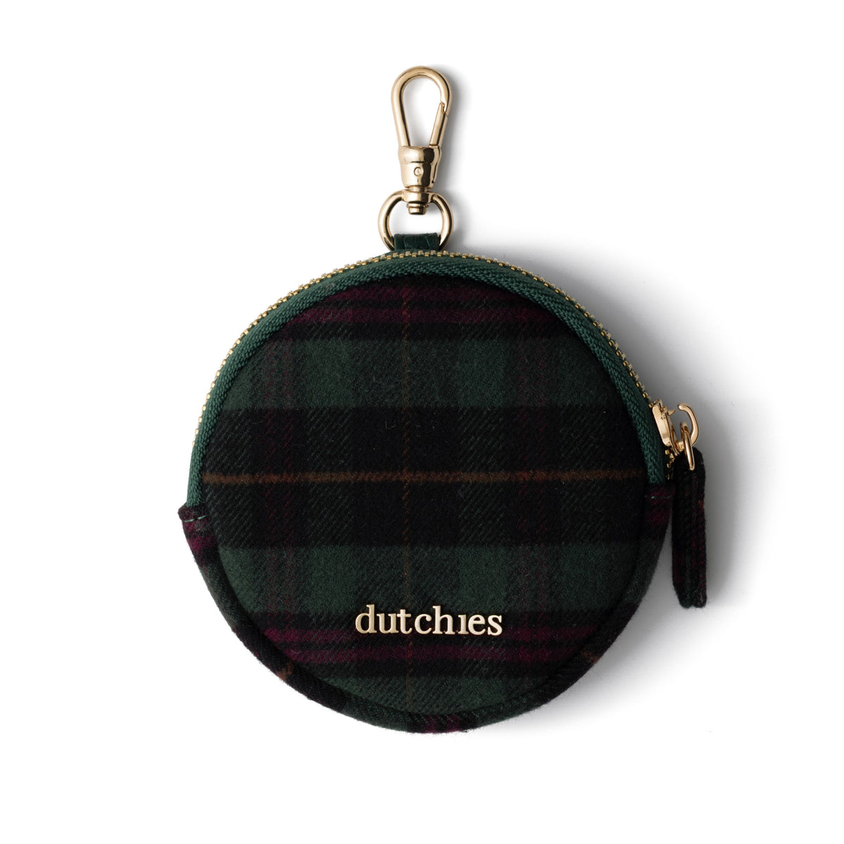 Mini Phone Bag Emma | Forest Green Tartan round pouch with gold clasp and tartan fabric design.