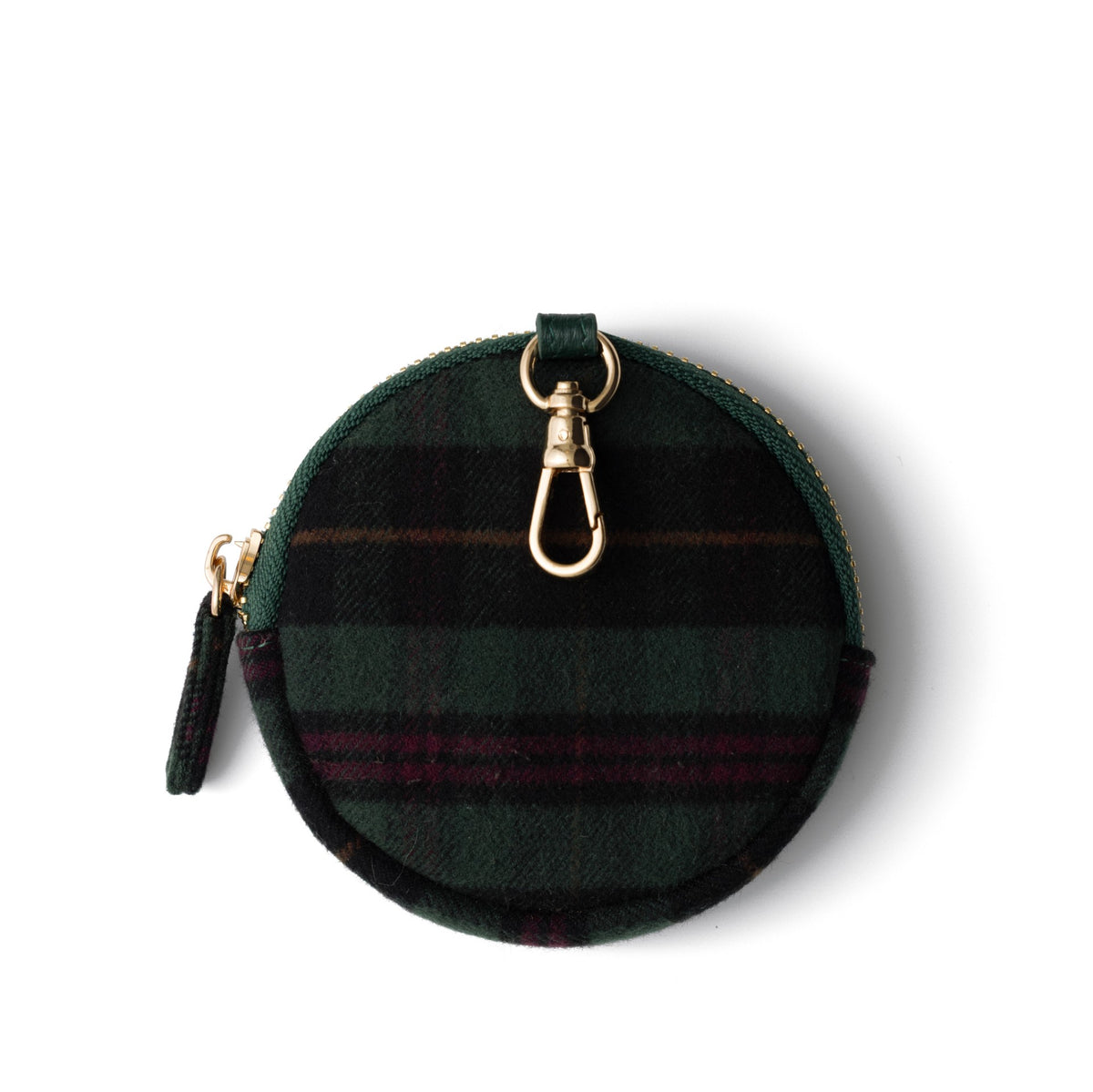 Mini Phone Bag Emma | Forest Green Tartan round pouch with gold clip and soft tartan fabric