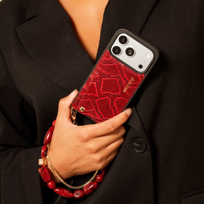 Phone Charm | Beaded | Stevie attached to a red phone case, styled with a black blazer.