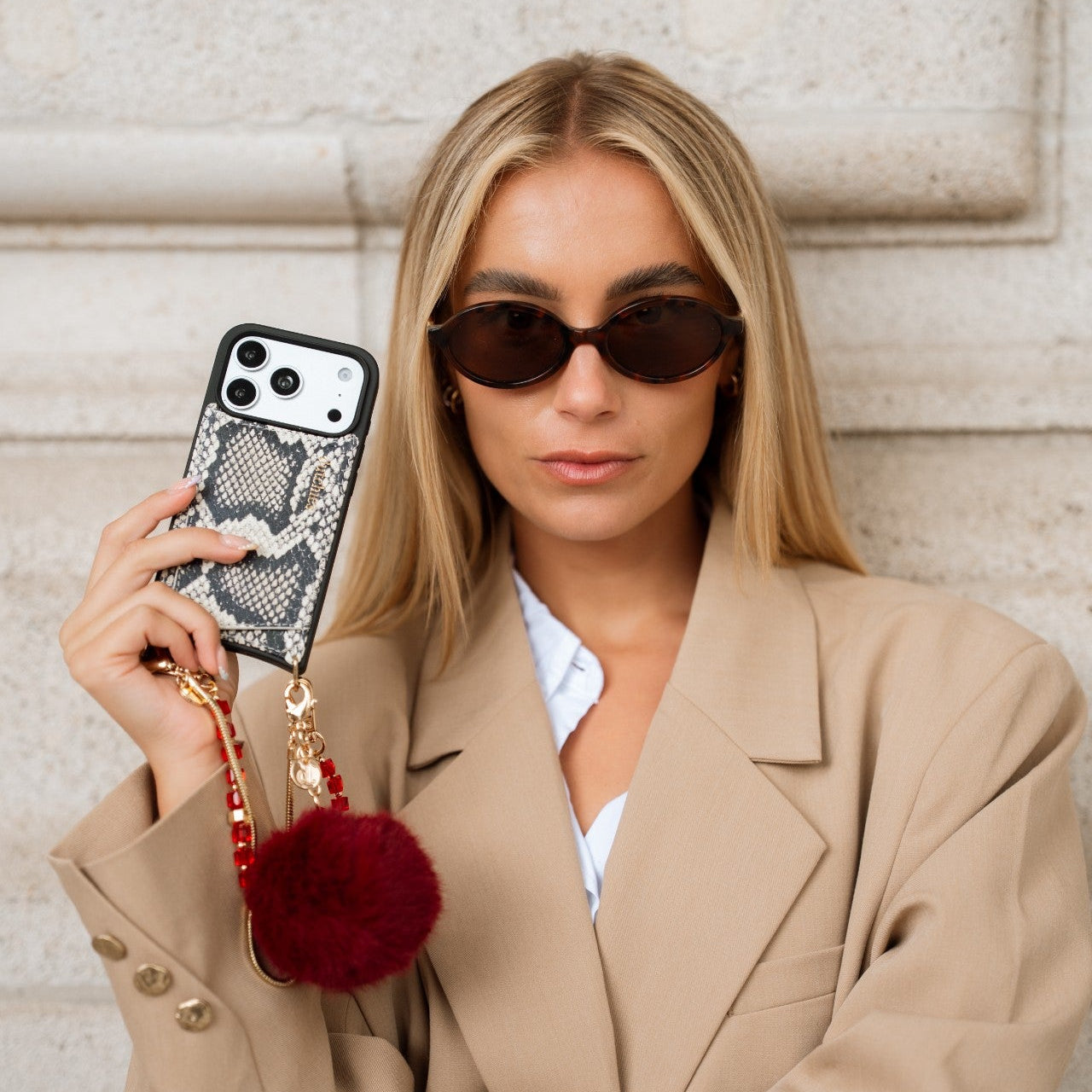 Phone Charm | Beaded | Hedy with red glass phone charm and phone wristlet in stylish setting.