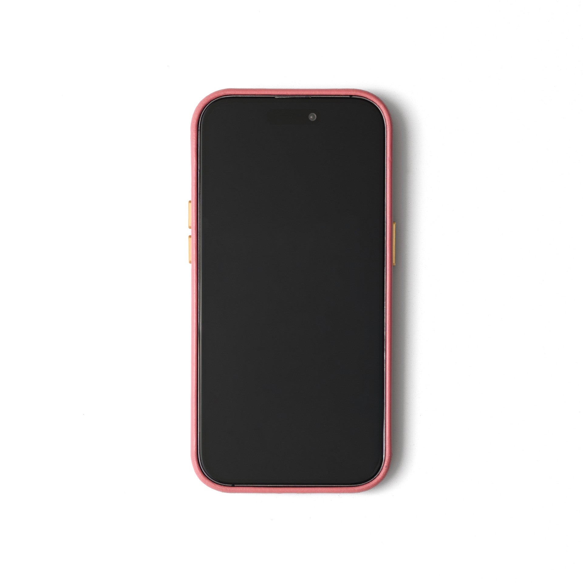 iPhone Case | Pink (Full Wrapped) showing a sleek design with a black screen and pink leather finish.