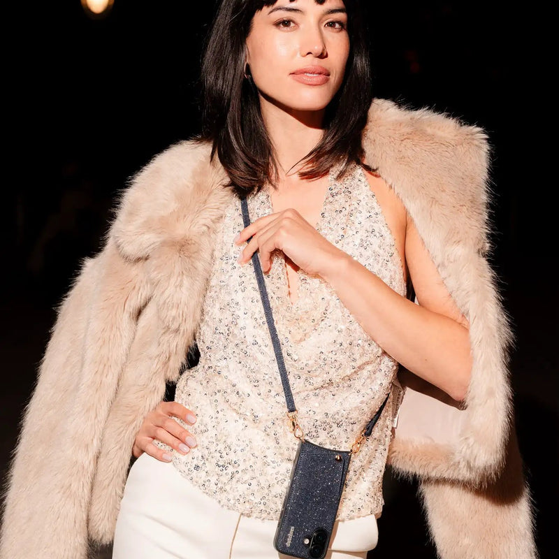 Luxury set | Samsung | Denim Glitter showcased with stylish phone case and strap, perfect for glam nights out.