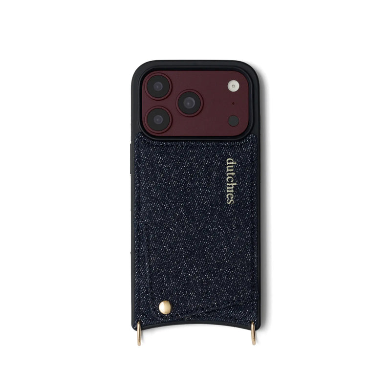 iPhone Case | Denim Glitter, featuring durable denim, cardholder, and premium metal finishes for stylish protection.
