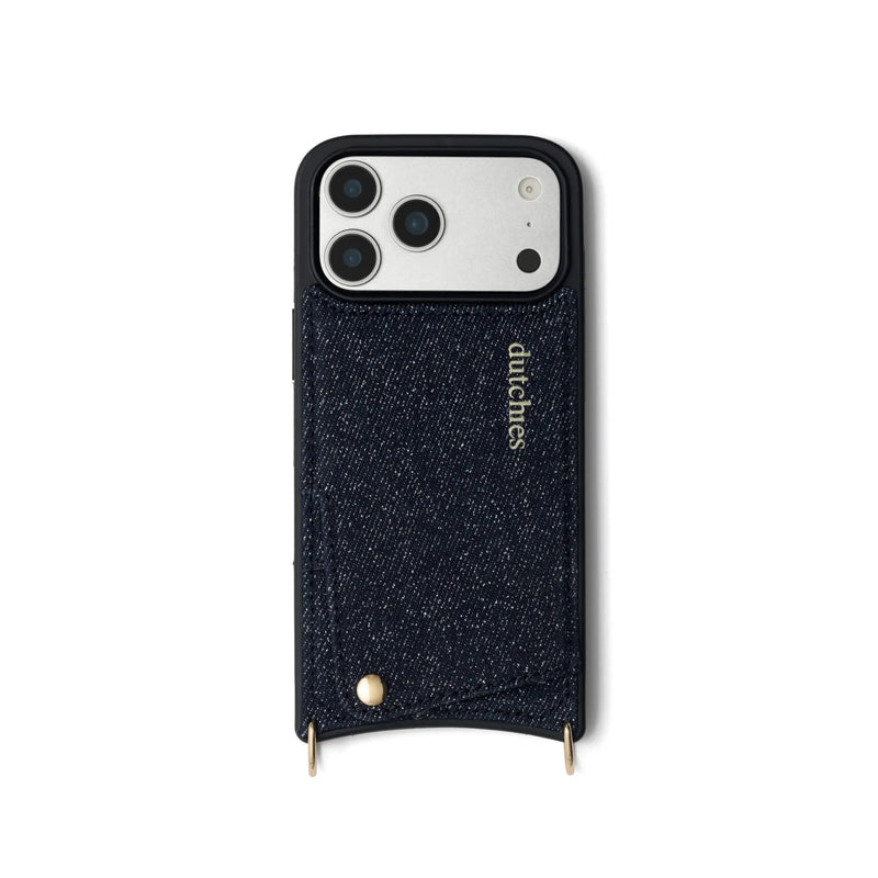 iPhone Case | Denim Glitter, featuring durable denim, cardholder, and premium metal finishes for stylish protection.