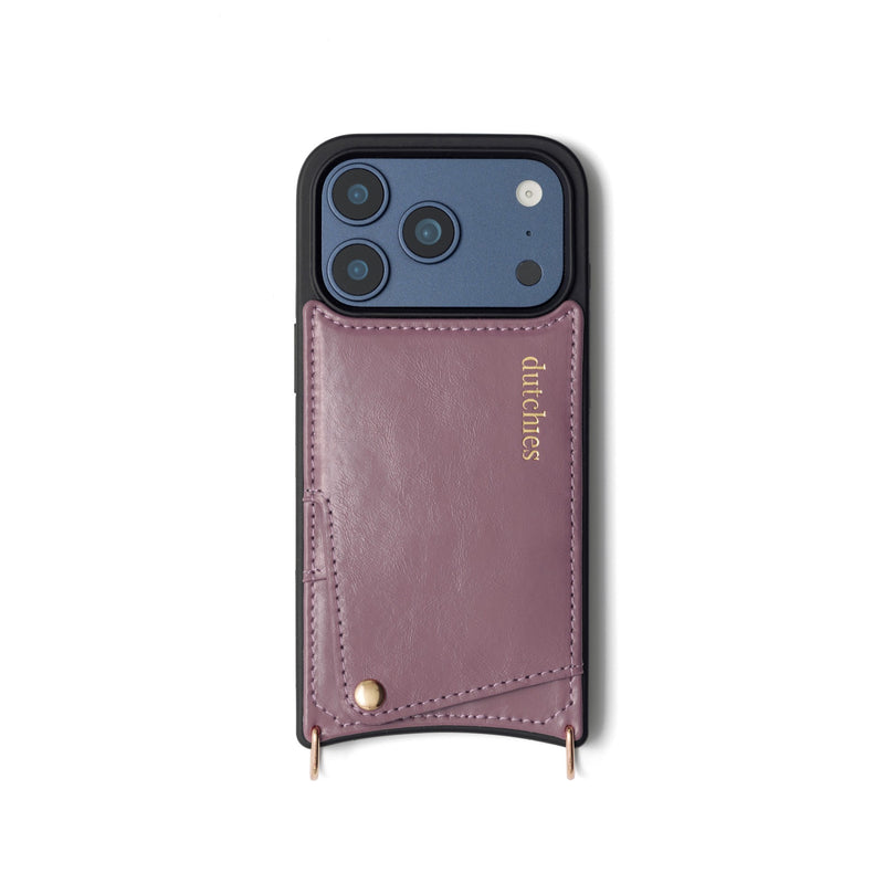 iPhone Case | Mauve with cardholder and dual rings for strap attachment, handcrafted from genuine leather.