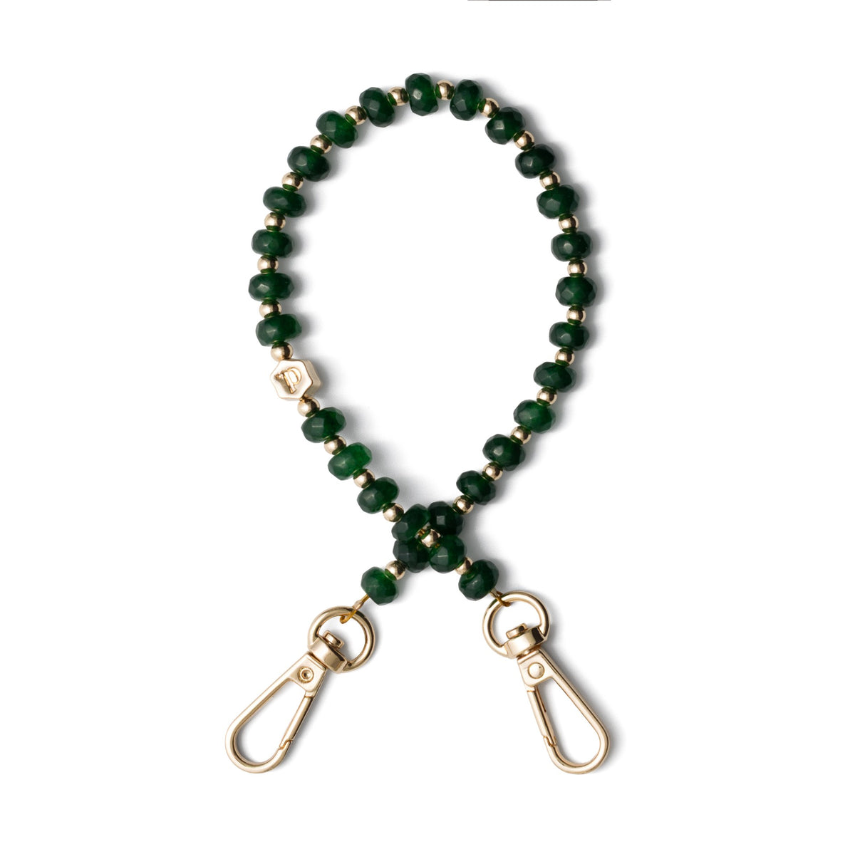 Phone Charm | Beaded | Nina - forest green beaded charm with gold clasps, perfect for protecting your devices.
