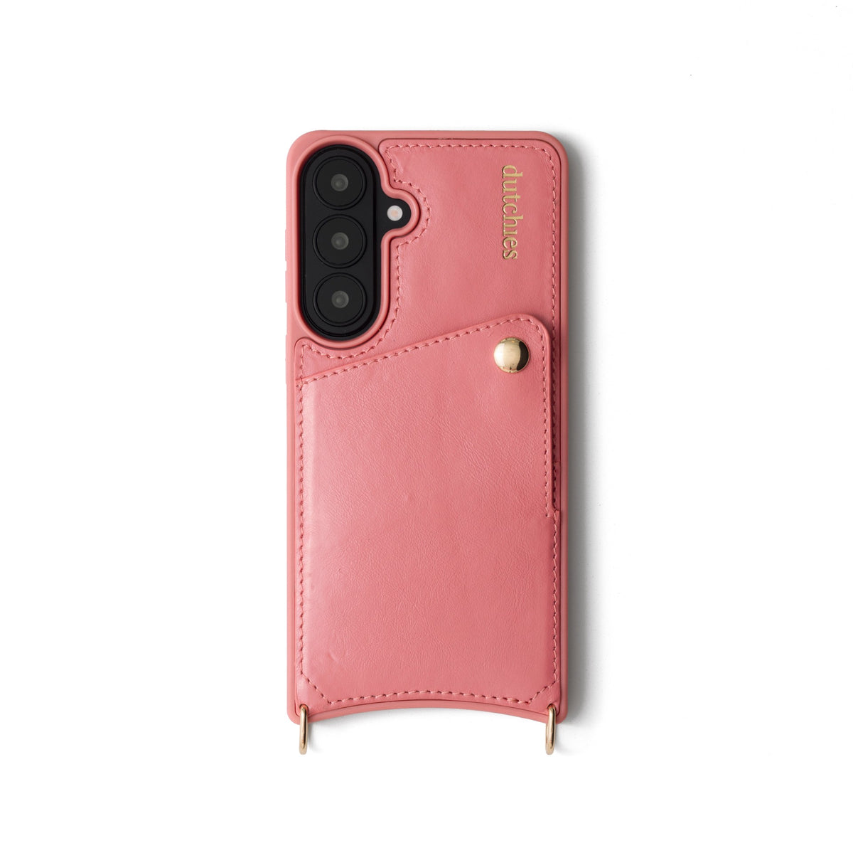 Samsung Case | Pink, handcrafted leather phone case with cardholder and gold accents.