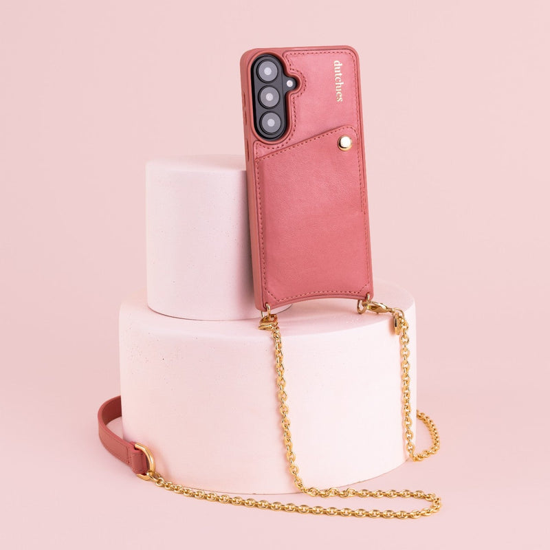 Samsung Case | Pink with a stylish chain on a pink pedestal, featuring a cardholder and premium design.